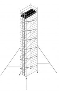 An aluminum scaffold tower being set up on a construction site.